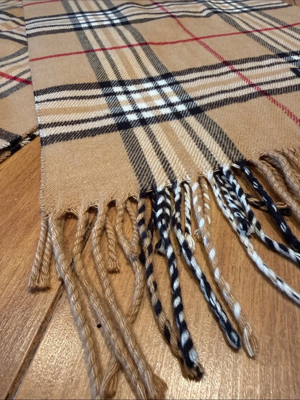 100% Cashmere Scarf Made in Scotland Camel Plaid Fringe Soft 70”